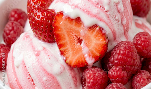 Sweet and cold strawberry ice cream dessert decorated with slices of edible strawberries