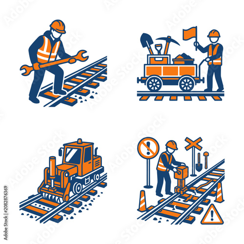 Photos Workers on railway tracks with equipment.