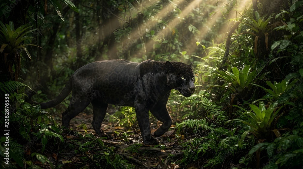 Naklejka premium Black panther walking through lush rainforest with sunbeams filtering through