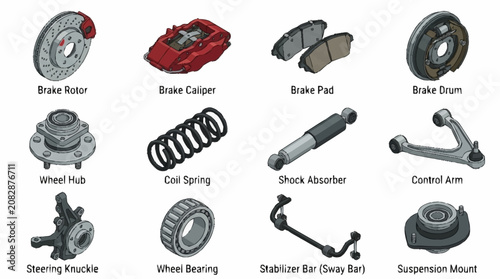 Photos Car suspension and brake system components.