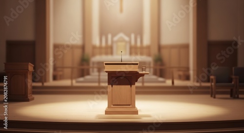 Wooden pulpit on a stage inside a quiet church sanctuary
