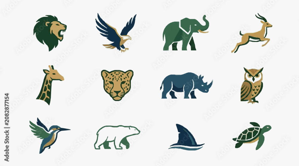 Fototapeta premium Elegant Green and Gold Illustrated Animal Icons Set Featuring Lion Eagle Elephant Antelope Giraffe Leopard Rhino Owl Kingfisher Polar Bear Dolphin Turtle