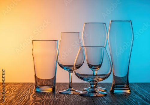 Assortment of classic empty beer glassware including pint, tulip, snifter, and wheat beer glasses displayed on a rustic wood surface, collection, clear, variety