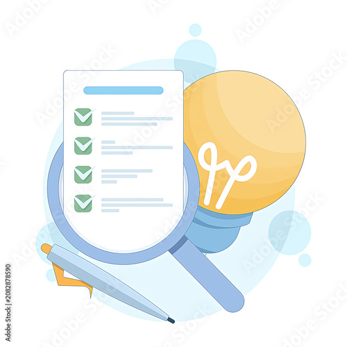 Conceptual Illustration of Strategic Project Planning Featuring a Checklist Magnifying Glass and Bright Idea Light Bulb for Business Analysis