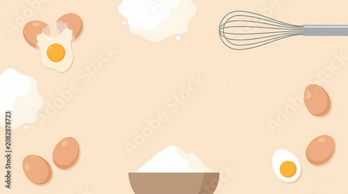 Baking Ingredients Arrangement with Flour Bowl Whisk and Fresh Eggs on a Soft Neutral Background for Culinary Concepts