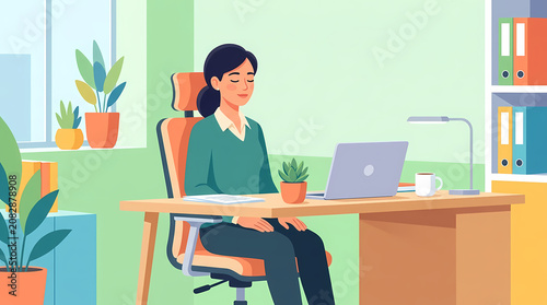 Young professional woman takes a mindful break at her modern office desk, finding a moment of serenity and focus amidst her busy work schedule, promoting well-being and productivity