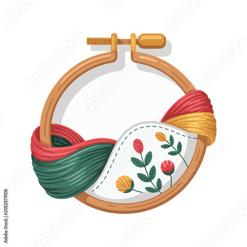 фотографія Embroidery hoop with floral stitching and colorful yarn threads isolated on whit