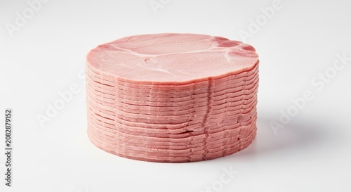 Freshly sliced pink cured ham meat stacked neatly and centered against a seamless, bright white studio background, high quality, breakfast, bright, pink