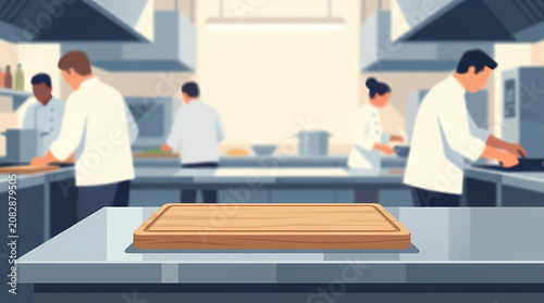 Professional Commercial Kitchen Scene with Chefs Preparing Meals and Wooden Cutting Board in Foreground