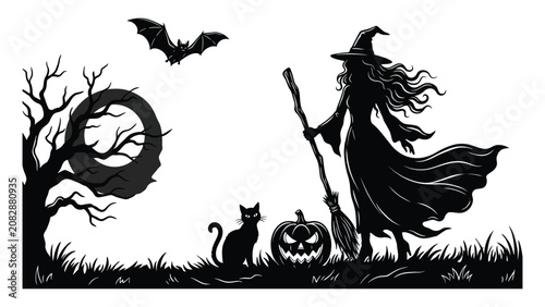 Obraz na płótnie Witch stands with a broomstick near a black cat and a glowing jack-o-lantern