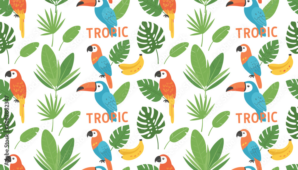 Fototapeta premium Tropical pattern with parrots toucans bananas and palm leaves