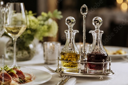 Εκτύπωση καμβά An elegant cruet set on a restaurant table with silver stand.