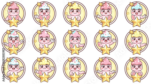 cute cartoon characters with stars and colorful backgrounds