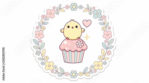 Cute cartoon chick on cupcake with floral wreath