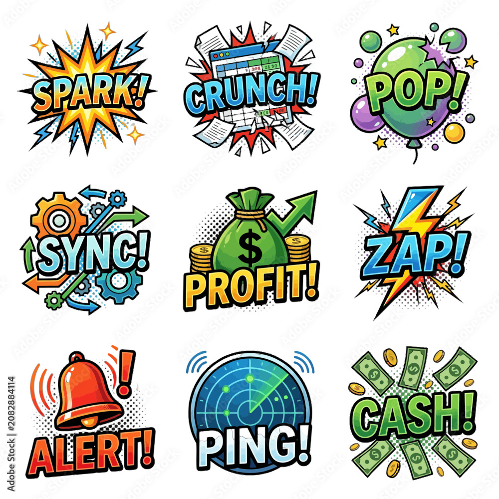 Fototapeta premium Colorful comic book style vector graphic collection featuring various business action words with dynamic sound effects and bright cartoon illustrations