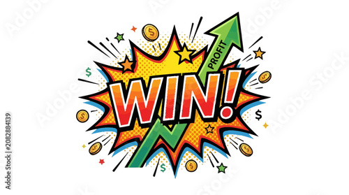 Vibrant comic book style vector illustration showing bold winning text with rising profit arrow and golden currency coins floating around