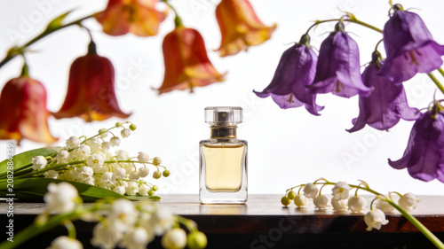 Filming a perfume commercial shot in a studio decorated with fancy flowers such as silver cherry blossoms with a sophisticated concept