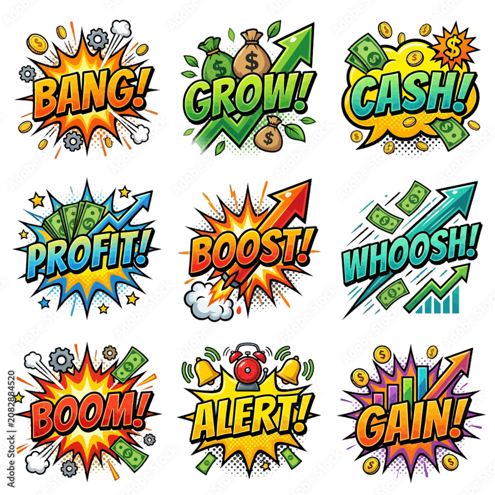 Fototapeta premium Vibrant comic style vector graphic sticker set featuring colorful financial success expressions with money symbols and dynamic action burst effects