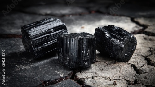Rough black tourmaline crystals showcasing striated surfaces on a rocky, natural setting