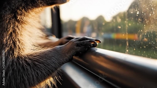 Raccoon forepaw rests on window rail beside sunlit glass, with soft reflections, blurred city background, and dense fur texture creating quiet urban travel mood, intimate focus, and warm natural