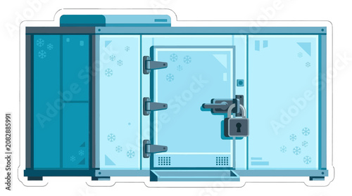 Industrial walk in freezer container with secure padlock and snowflake graphics isolated on a white background for cold storage
