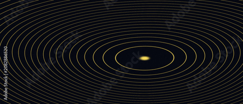 Fotografie Abstract dark background with concentric golden oval lines emanating from a cent