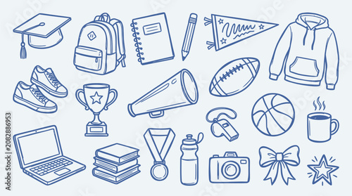 Fotografía Collection of hand-drawn school and sports related icons on a light blue background