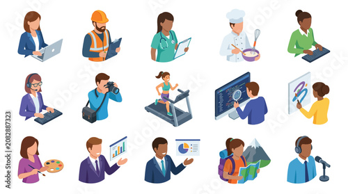 Photos Corporate Icons Set Showcasing Diverse Professional Roles with Colorful Illustra