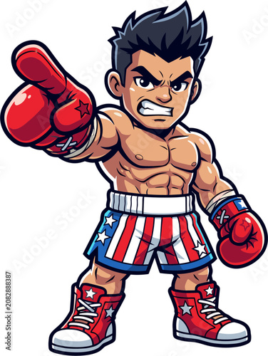 Pixel art boxer character with determined expression, wearing star-spangled shorts and boxing gloves, pointing forward, isolated on white