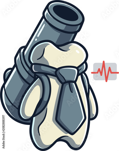 Pixel art business character with cannon on back, tie, and health monitor icon, representing aggressive strategy or investment