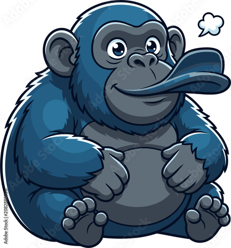 Pixel art cute cartoon gorilla wearing a large blue hat, sitting and looking happy, isolated on white