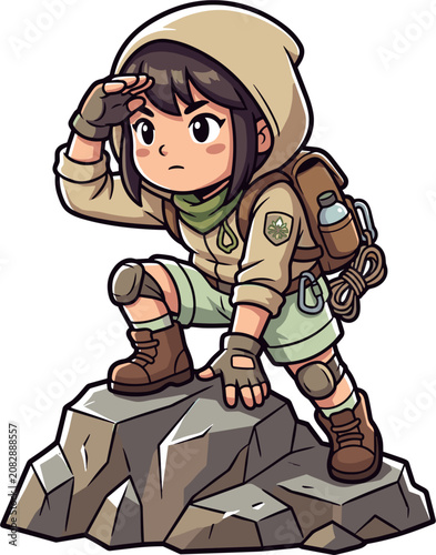 Pixel art explorer girl peering into distance on rocky terrain, adventure and exploration