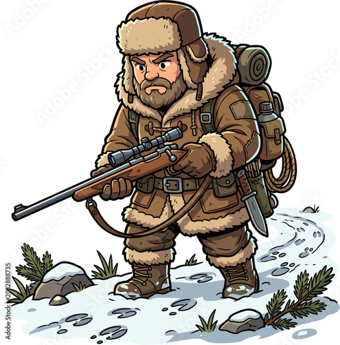 Pixel art grizzled outdoorsman hunter with rifle and backpack in snowy terrain, survival gear, winter expedition