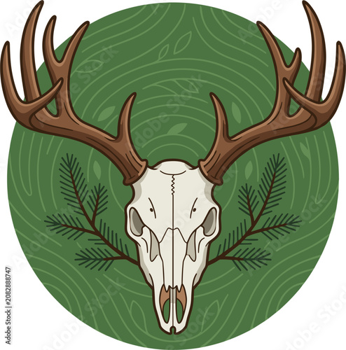 Pixel art illustration of a deer skull with large antlers, framed by pine branches, set against a textured green circular background with leaf motifs, evokes nature and wilderness