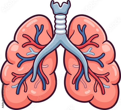 Pixel art illustration of human lungs with bronchi and blood vessels, medical icon, respiratory system element, health and biology symbol