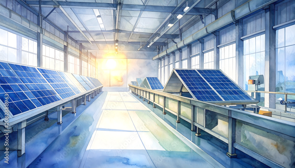 Obraz premium Solar panel manufacturing facility assembly line with automated systems watercolor illustration showcasing industrial production in a modern factory setting vibes generative AI