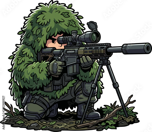 Pixel art sniper in camouflage ghillie suit with rifle on tripod, ready for stealth action