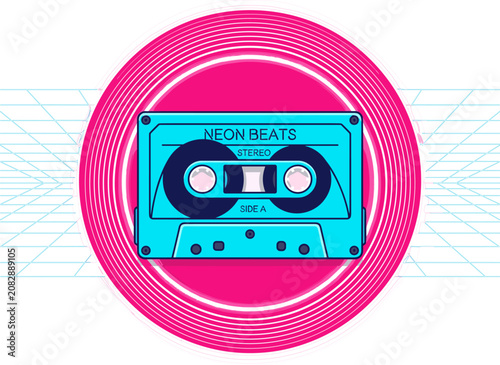 Retro neon cassette tape with 'NEON BEATS' label, framed by glowing pink circle and digital grid, 80s synthwave aesthetic