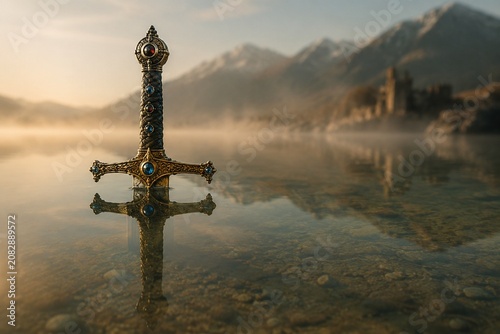 Photos Sword hilt with gemstones reflected in still water over a barren lakebed