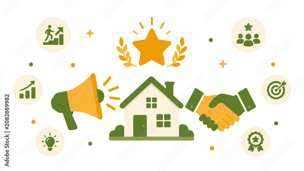 Naklejka premium Real estate marketing and successful home sales concept with house icon handshake megaphone and business achievement symbols on a clean white background