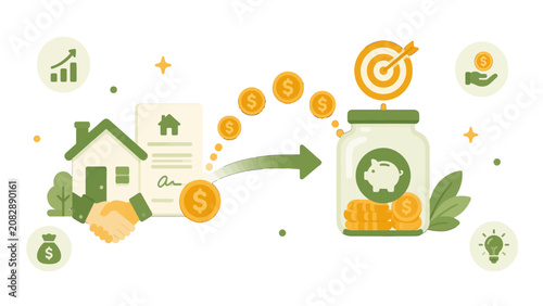 Real estate investment concept illustrating property purchase and financial savings process with house handshake contract and coin jar growth strategy