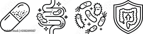 Fotografía Gut Health and Probiotics Supplement Line Icon Set Featuring Capsule Pill Digest