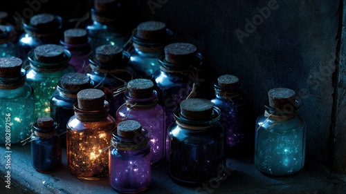 Glowing fairy jars with LED string lights. Magical potion bottles for decoration. Dark background for Halloween celebration. Mysterious occult equipment for witchcraft fantasy concept.