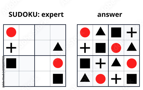 Children's Sudoku with Red and Black Geometric Shapes, Expert Level