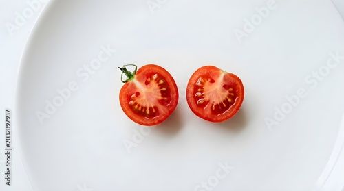 Top view of cherry tomatoes two whole and two cut on white background