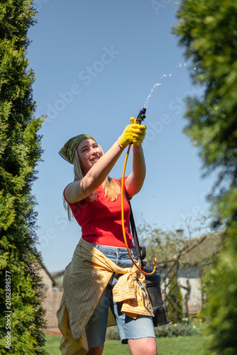 Gardener spraying water on plants during spring garden maintenance