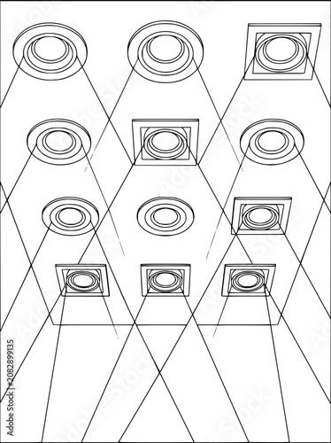 Architectural line drawing of ceiling recessed downlights with light beams in perspective
