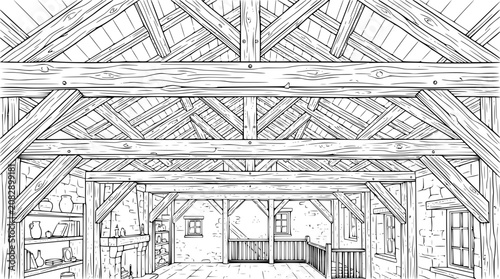 Cozy Rustic Interior with Exposed Wooden Beams and Stone Fireplace Line Art Drawing