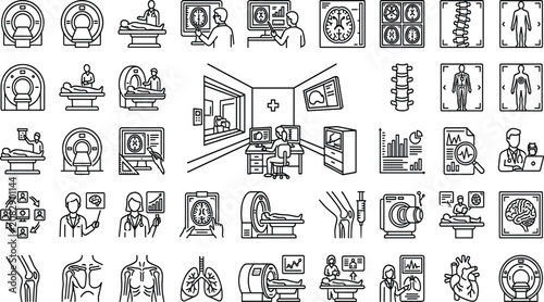 Принти на полотні Medical MRI and CT Tomography Department Line Icon Set with Radiologist Control