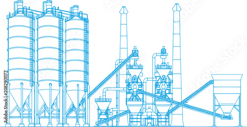 Cuadro en lienzo Cement Manufacturing Plant Vector Black Line Art | Industrial Factory with Silos